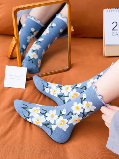 5 Pairs Women Flower Artsy Lacework Socks Ada Fashion