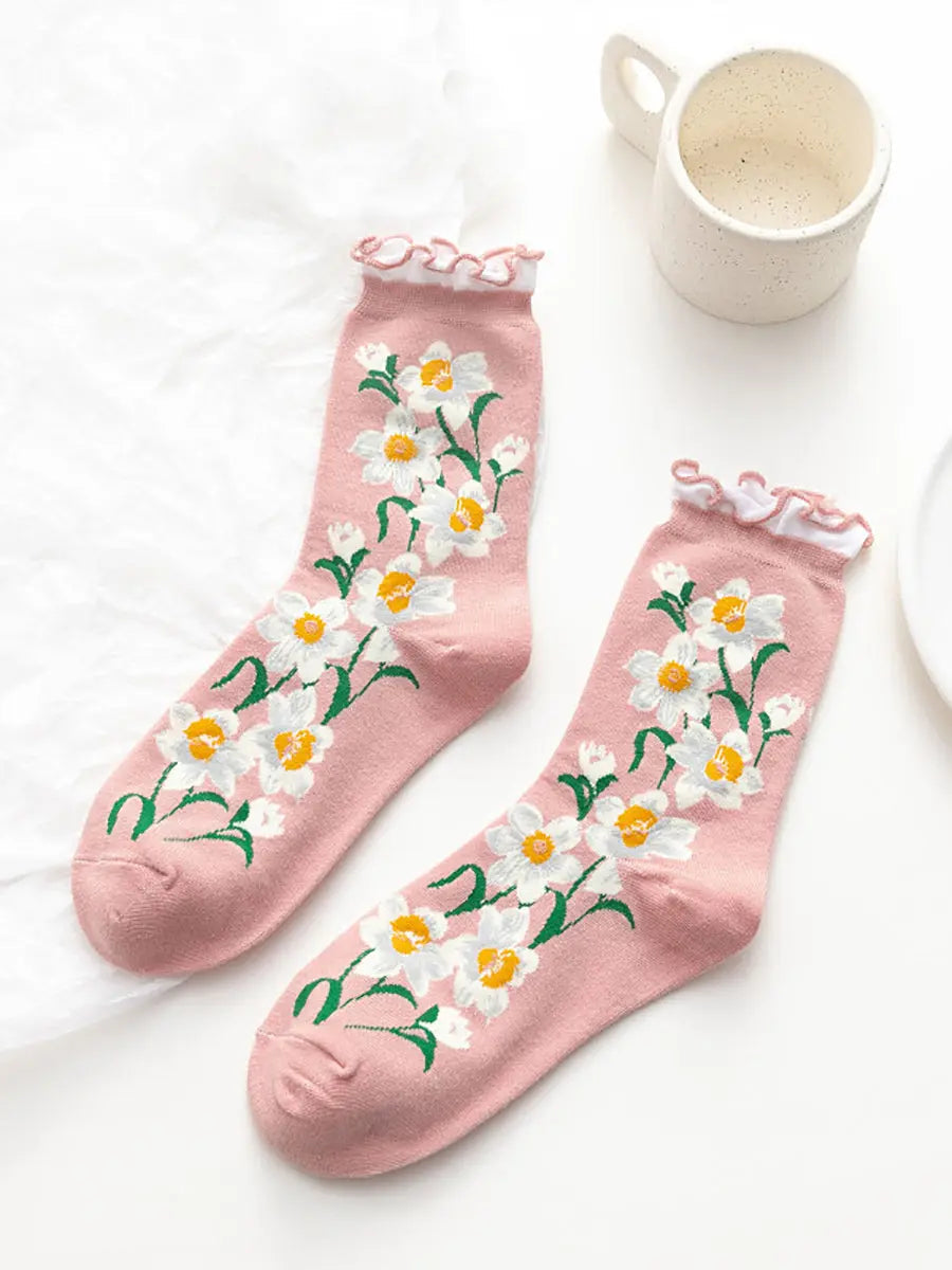 5 Pairs Women Flower Artsy Lacework Socks Ada Fashion