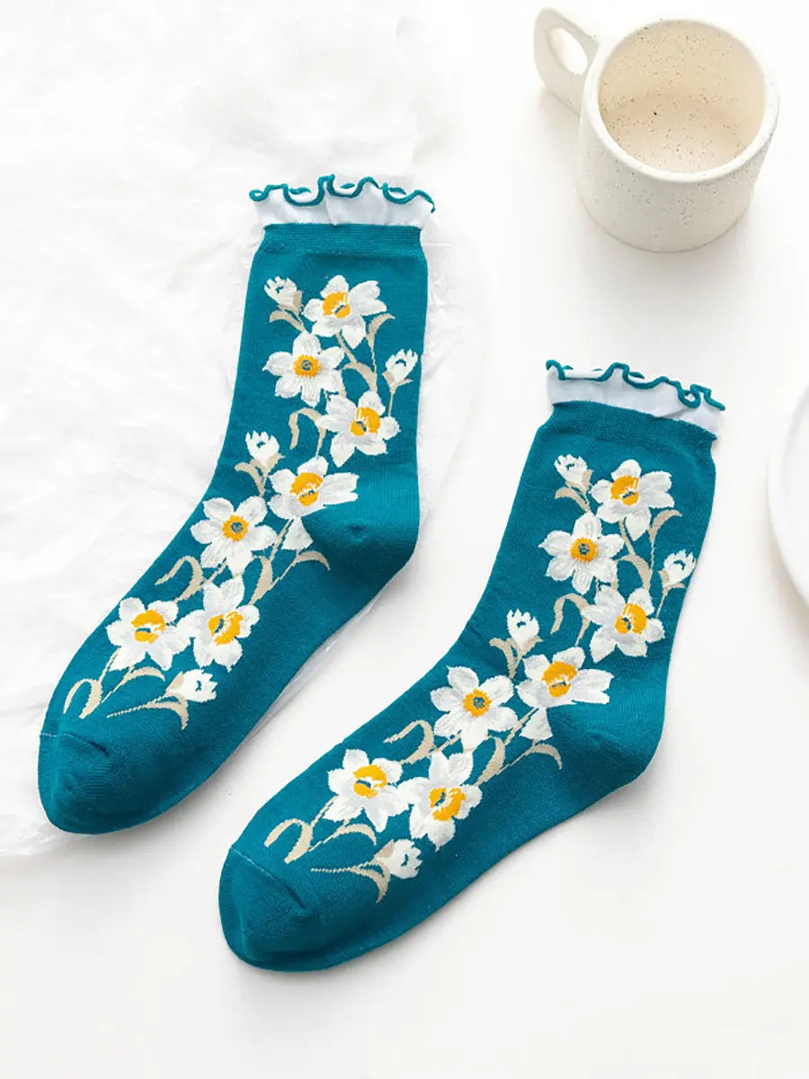 5 Pairs Women Flower Artsy Lacework Socks Ada Fashion