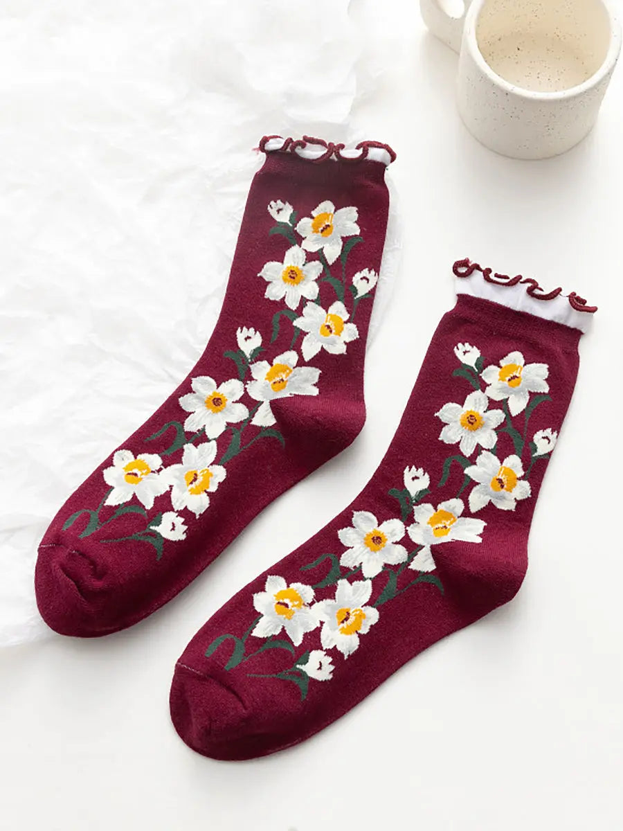 5 Pairs Women Flower Artsy Lacework Socks Ada Fashion