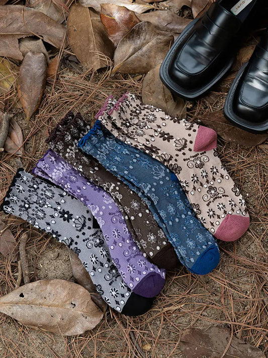 5  Pairs Women Vintage Flower Jacquard Socks Ada Fashion
