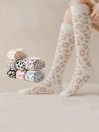 5 Pairs Women Winter Leopard Print Fleece Socks Ada Fashion