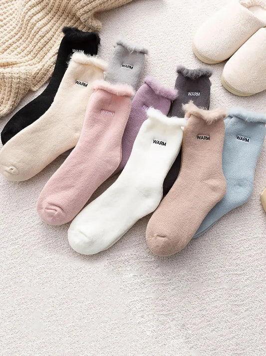 5 Pairs Women Winter Solid Cotton Fleece-lined Socks Ada Fashion
