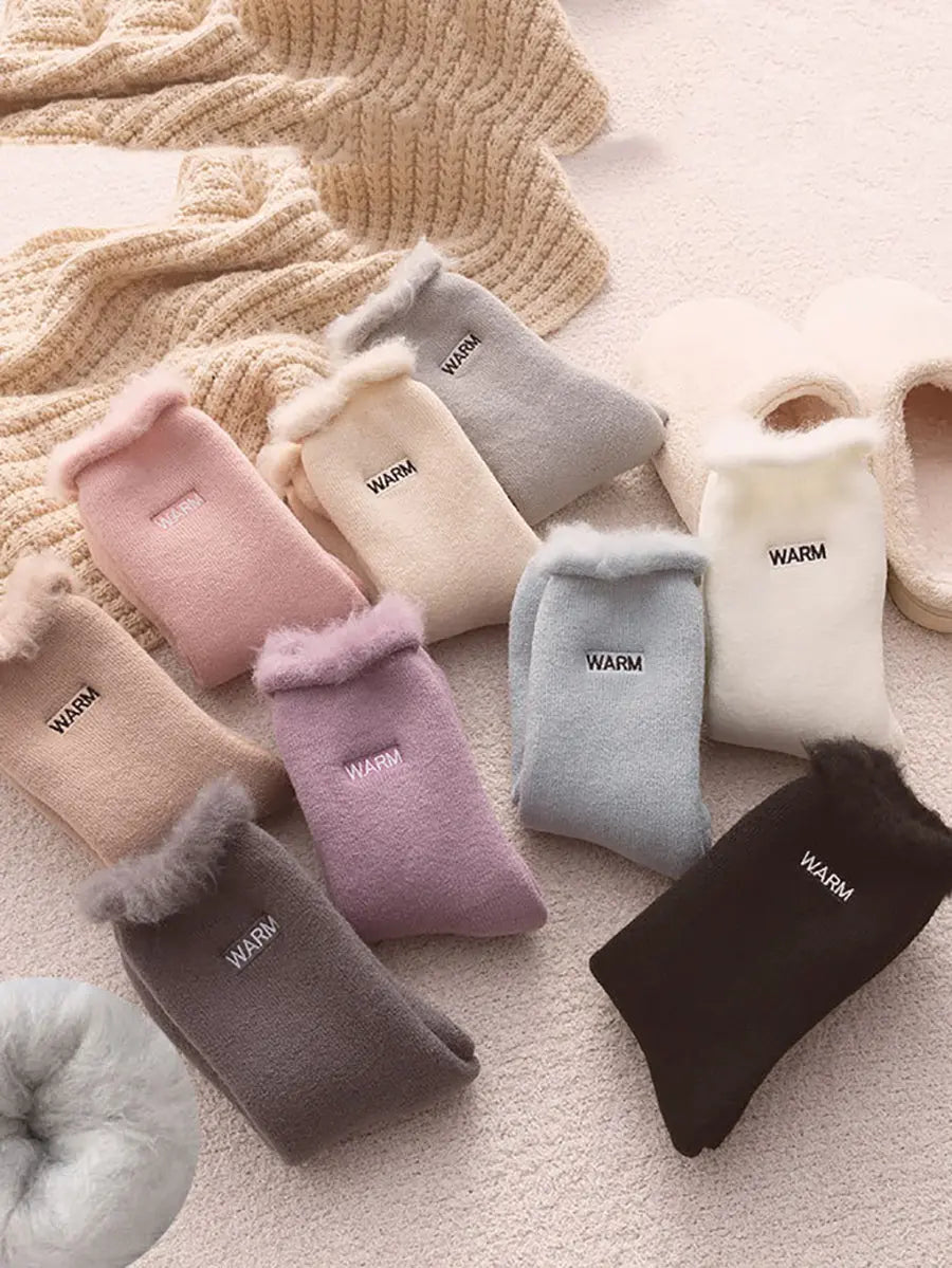 5 Pairs Women Winter Solid Cotton Fleece-lined Socks Ada Fashion