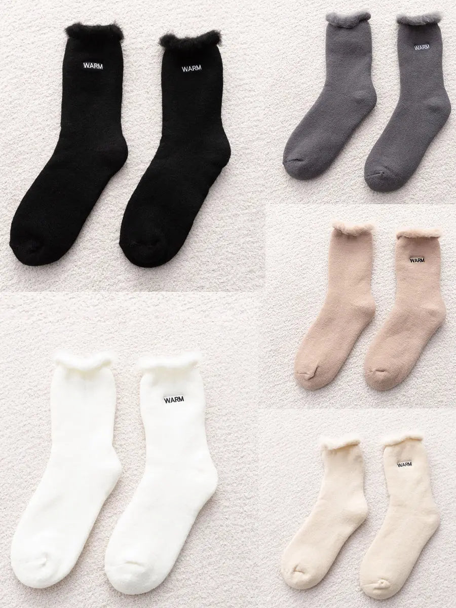 5 Pairs Women Winter Solid Cotton Fleece-lined Socks Ada Fashion