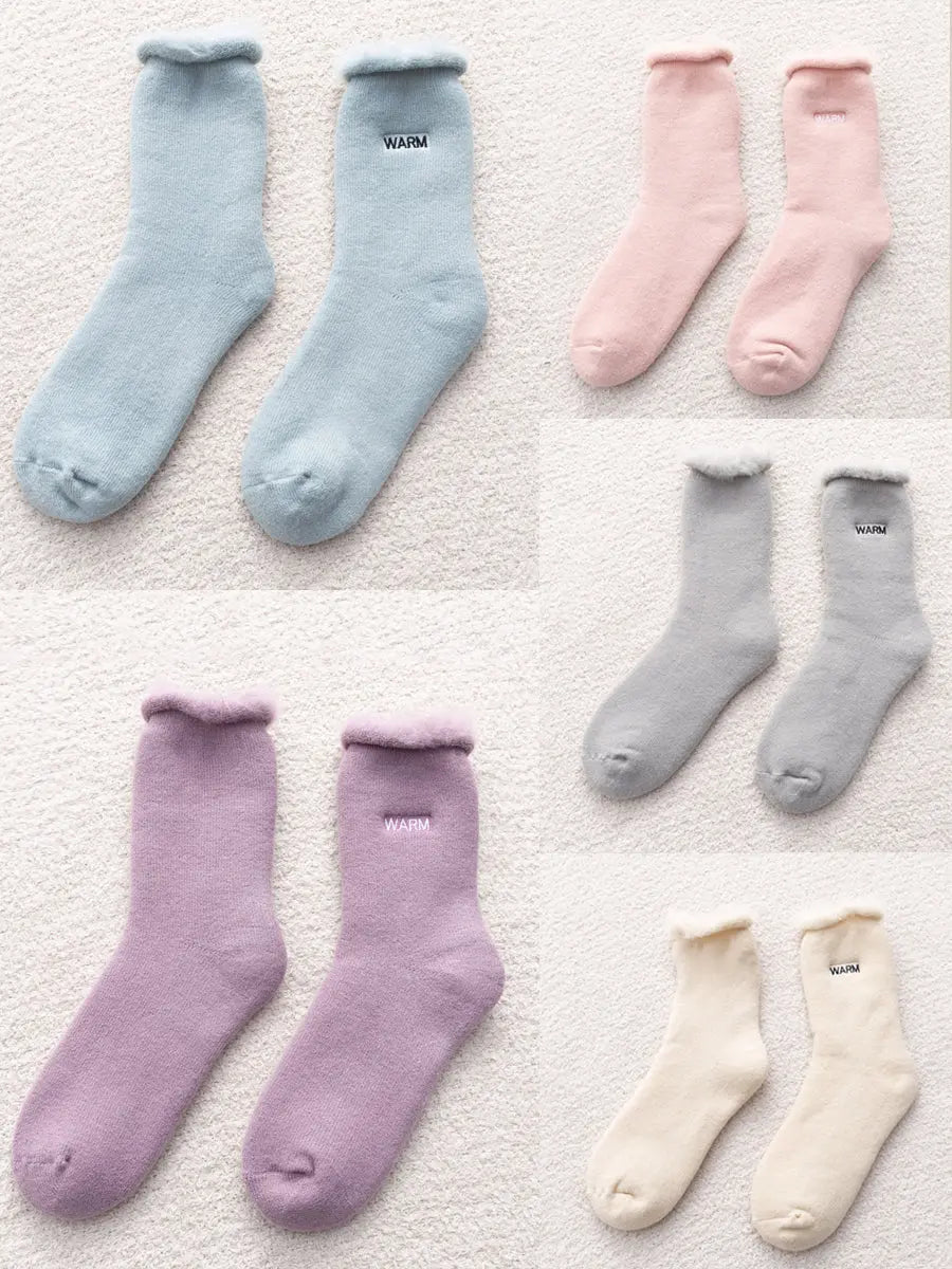 5 Pairs Women Winter Solid Cotton Fleece-lined Socks Ada Fashion