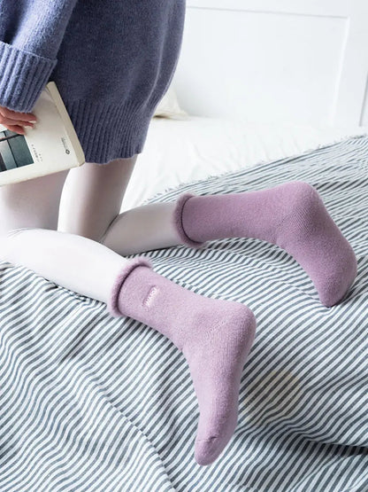 5 Pairs Women Winter Solid Cotton Fleece-lined Socks Ada Fashion