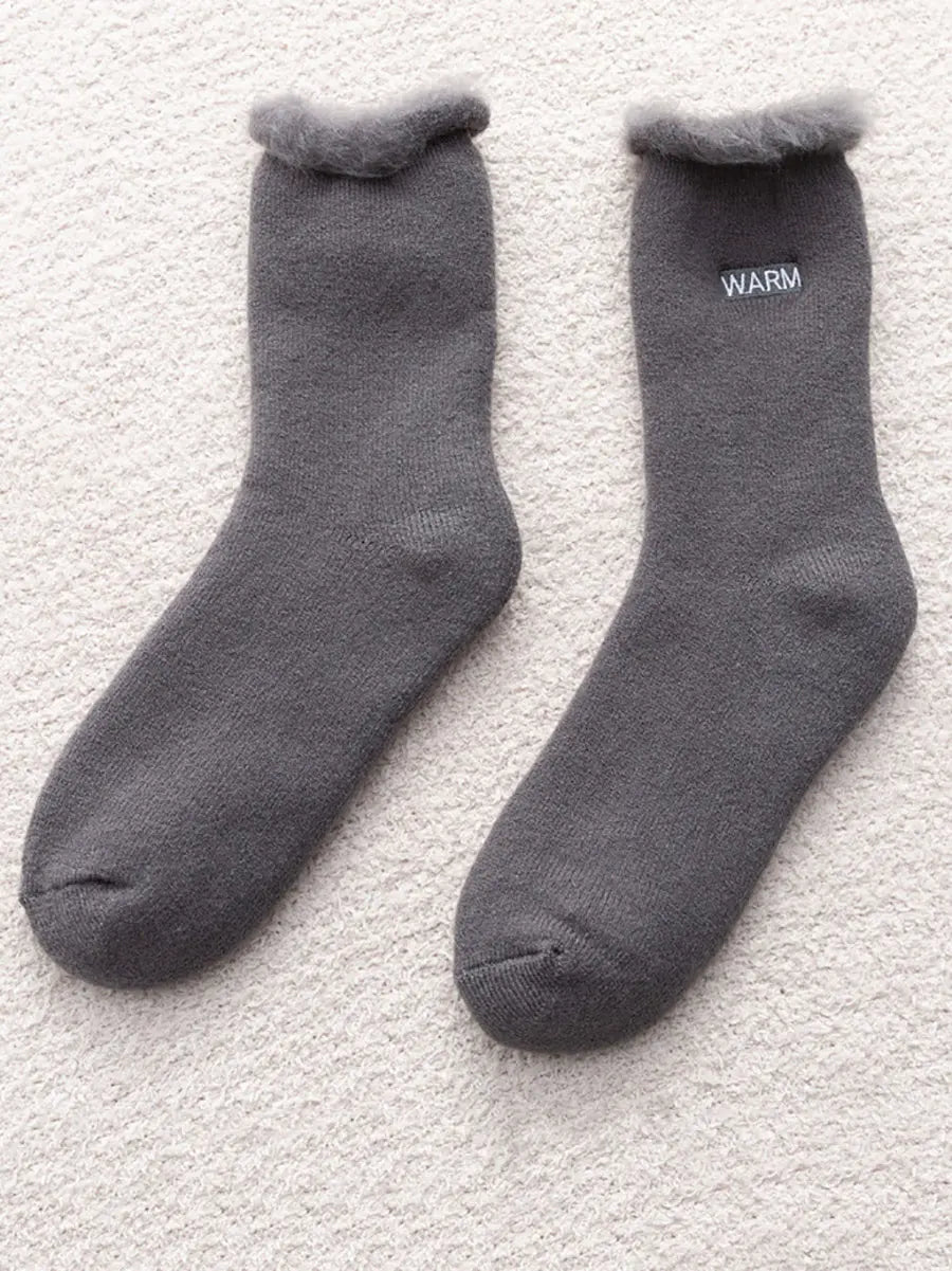 5 Pairs Women Winter Solid Cotton Fleece-lined Socks Ada Fashion
