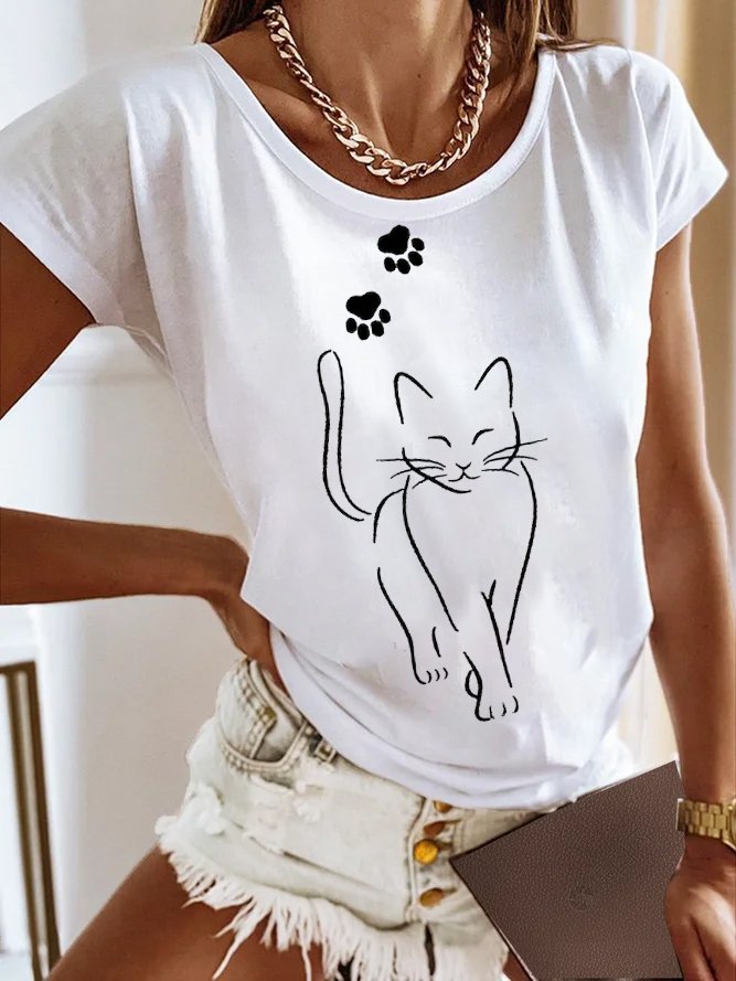 Casual Jersey Cat Crew Neck T-Shirt  QH84 - fabuloryshop