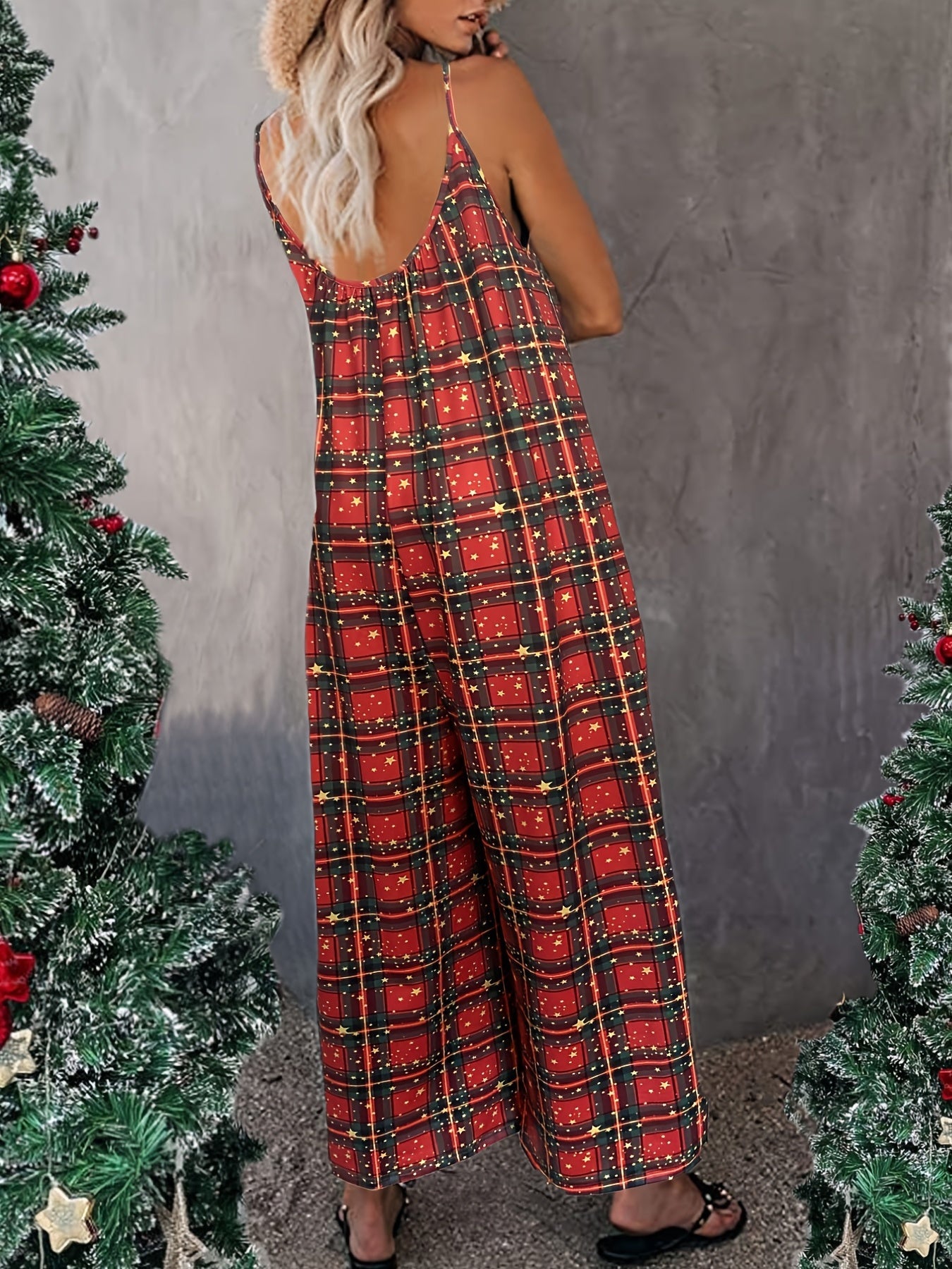 Casual Sleeveless Christmas Plaid Print Cami Jumpsuit RS2084 Ada Fashion