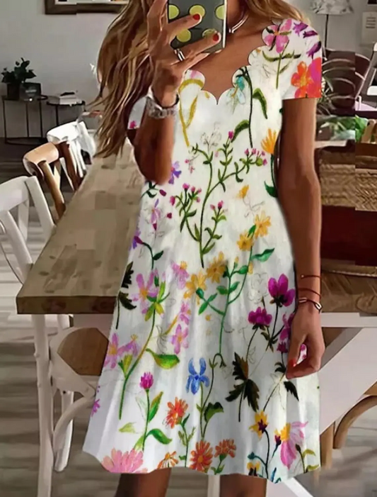 Scallop Neck Floral Vacation Mini Dresses  WF63 - fabuloryshop