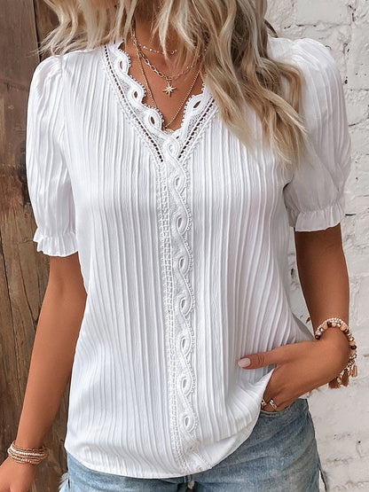 V Neck Plain Lace Elegant Shirt  mm241 - fabuloryshop