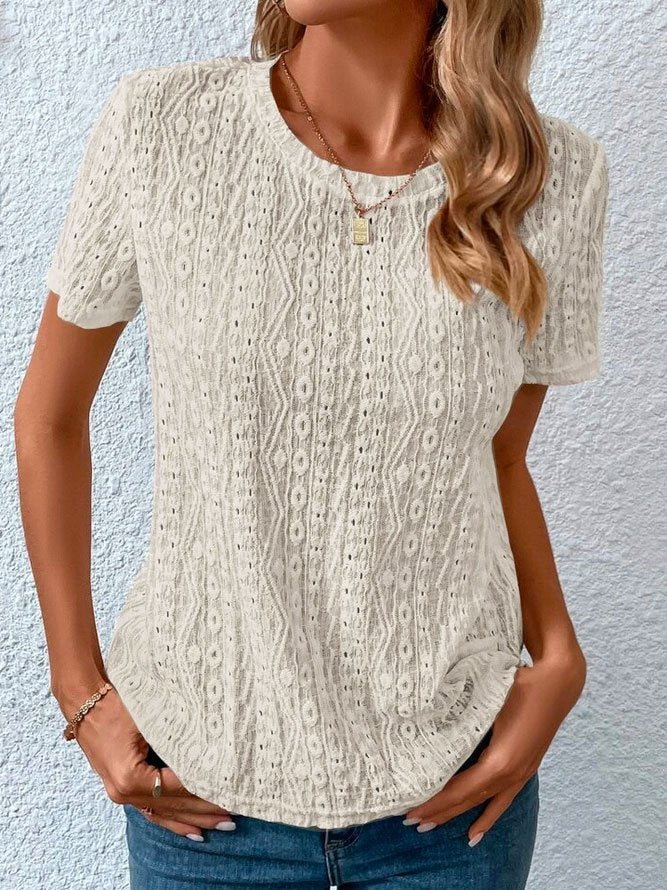 Loose Casual Crew Neck Solid Eyelet Embroidery Round Neck Tee  mm242 - fabuloryshop