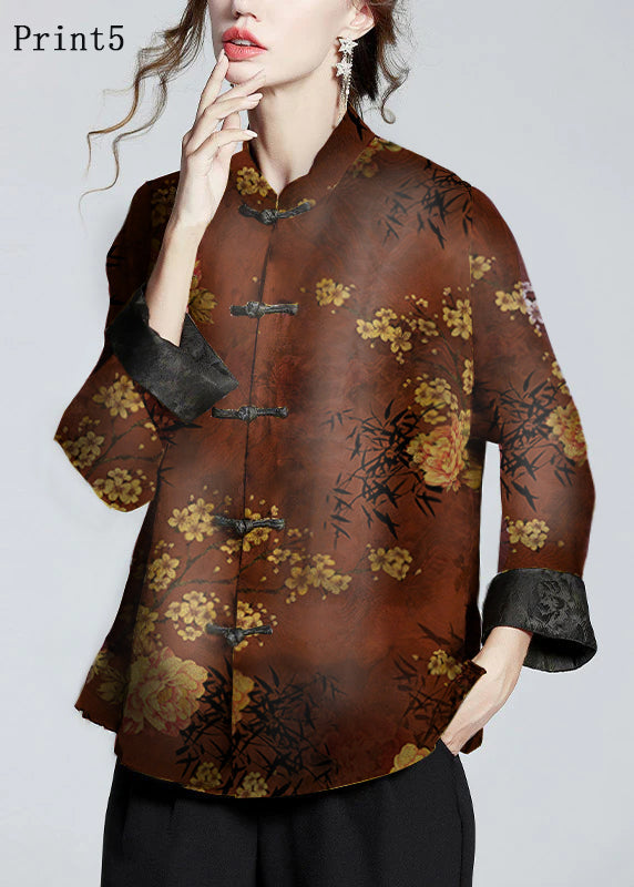 Chinese Style Print2 Stand Collar Button Print Silk Coats Long Sleeve Ada Fashion