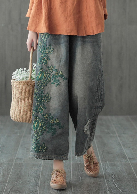 Original Embroidered Wide-Leg Column Denim Pants LY3925 - fabuloryshop