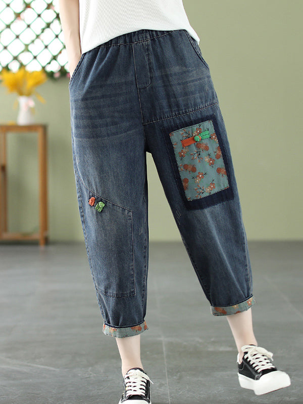 Vintage Artistic Retro Applique Denim Pants LY3972 - fabuloryshop