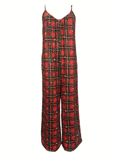 Casual Sleeveless Christmas Plaid Print Cami Jumpsuit RS2084 Ada Fashion