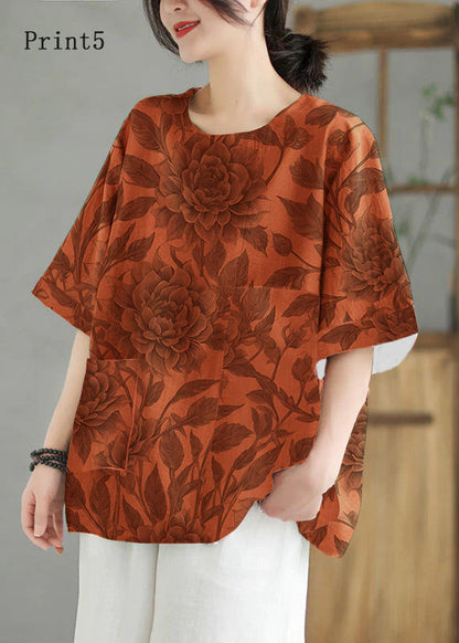 Women Orange O Neck Print Patchwork Linen T Shirt Top Summer LY5281 - fabuloryshop