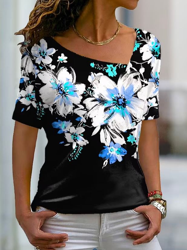 Floral Asymmetrical Casual Floral Print Short Sleeve Holiday Weekend Basic V Neck Regular T-Shirt  WS76 - fabuloryshop