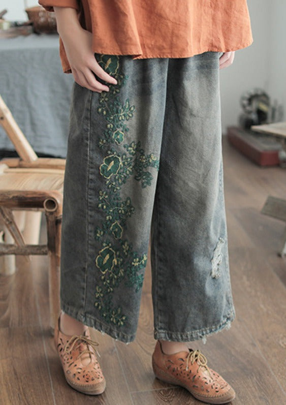 Original Embroidered Wide-Leg Column Denim Pants LY3925 - fabuloryshop