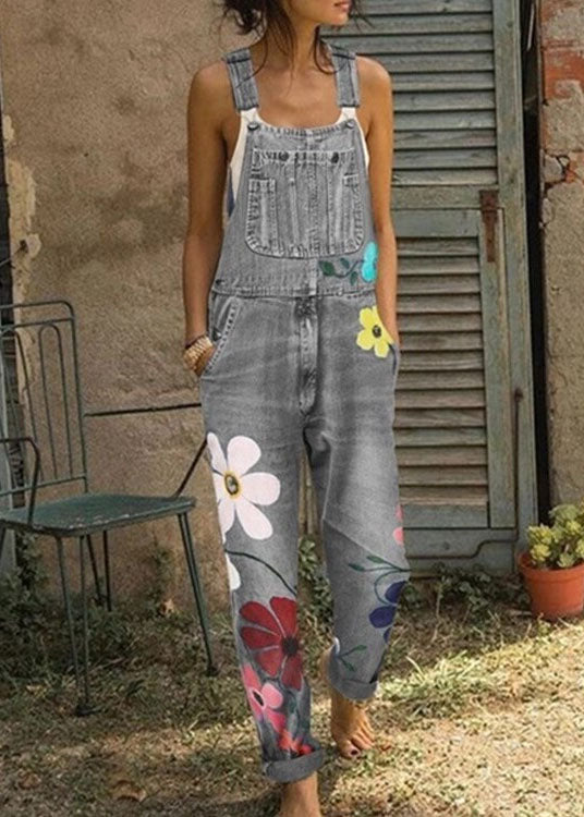 Boho Sunflower Print Denim Jumpsuit LY3980 - fabuloryshop