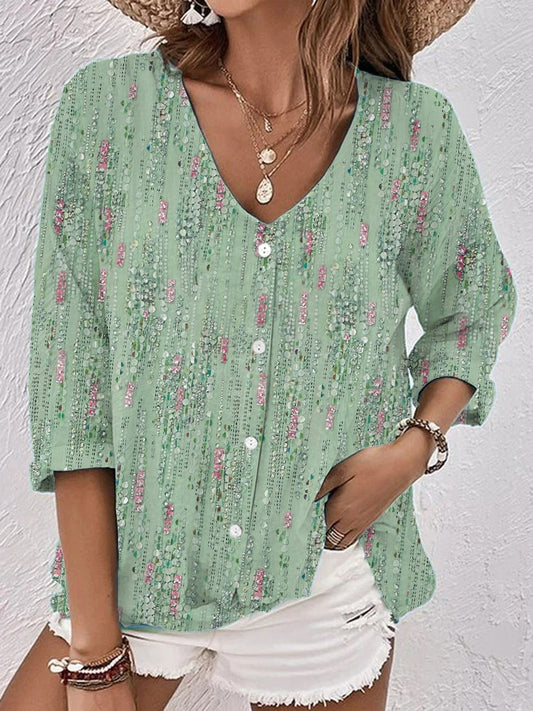 Buttoned V Neck Casual Floral Blouse  WW116 - fabuloryshop