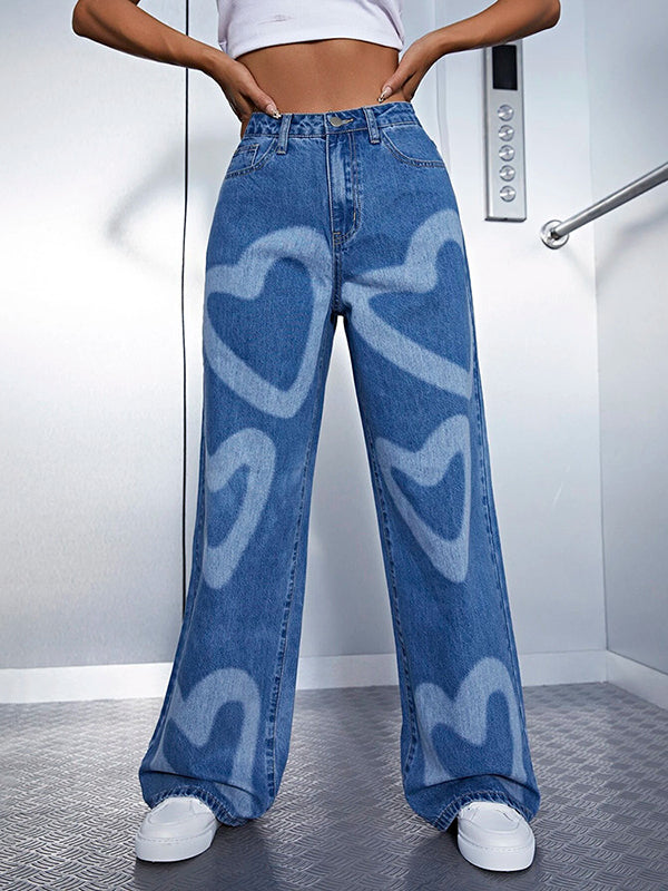 Urban Heart Shape Printed Wide Leg Denim Pants LY3966 - fabuloryshop