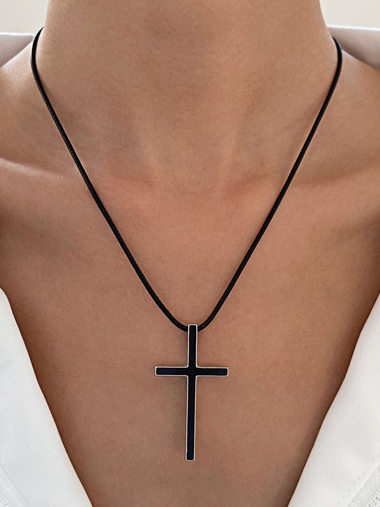 Daily Casual Black Cross Leather Rope Pendant Necklace Daily Dress Versatile Jewelry  QI111 - fabuloryshop