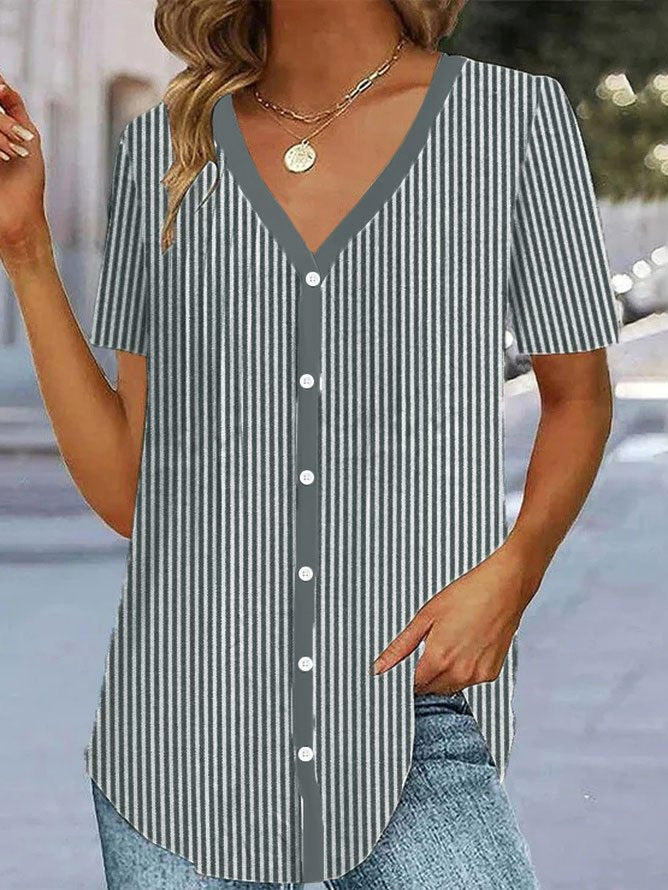 Loose Striped V Neck Casual Blouse  WS70