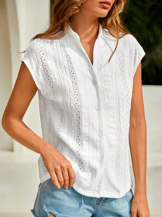 Casual Geometric Eyelet Embroidery Batwing Sleeve Button Front Shirt  WZ110 - fabuloryshop