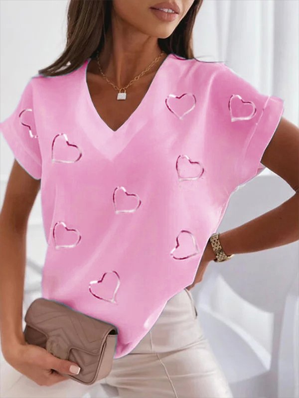 Heart Short sleeve V Neck Casual Short Sleeve T-shirt  WZ77 - fabuloryshop