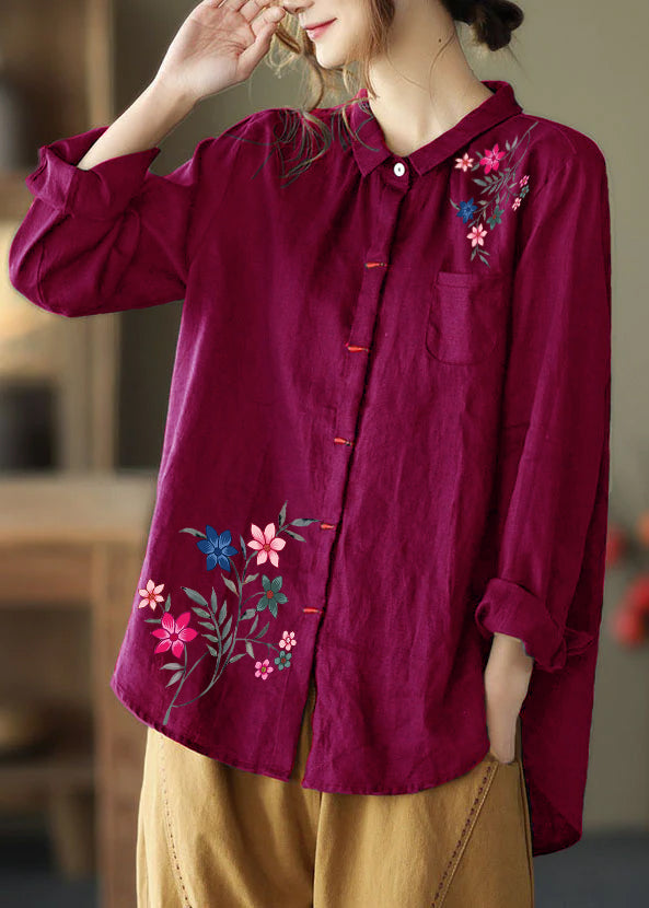 Black Patchwork Linen Shirt Peter Pan Collar Embroideried Spring LY6247 - fabuloryshop