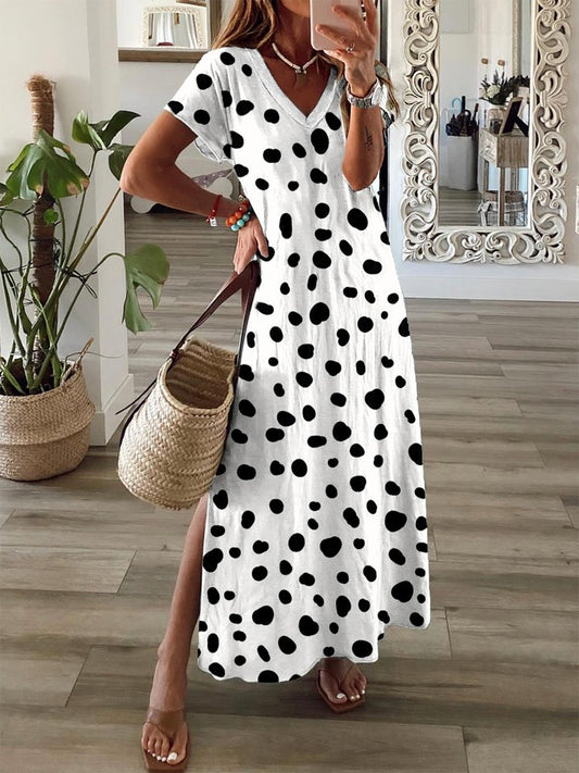 Polka Dots Short Sleeve V Neck Casual Dress  QA50 - fabuloryshop
