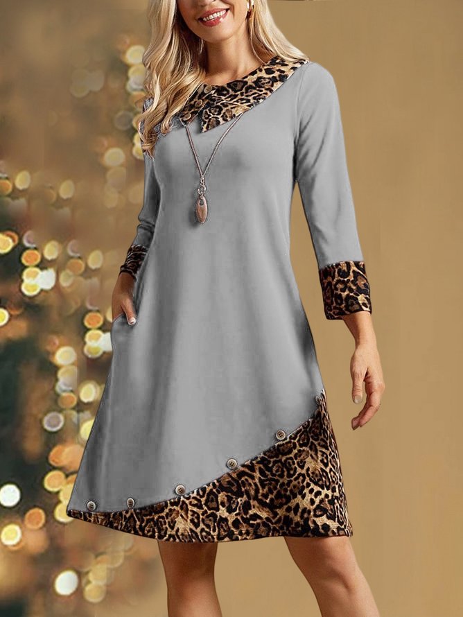 Christmas Urban Color Block Leopard Shawl Collar Loose Midi Dress  WJ120