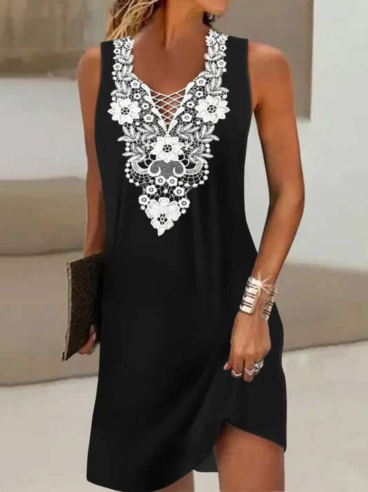 V Neck Elegant Contrast Lace Sleeveless Casual Occasion Mini Prom Dress  QPQ119 - fabuloryshop