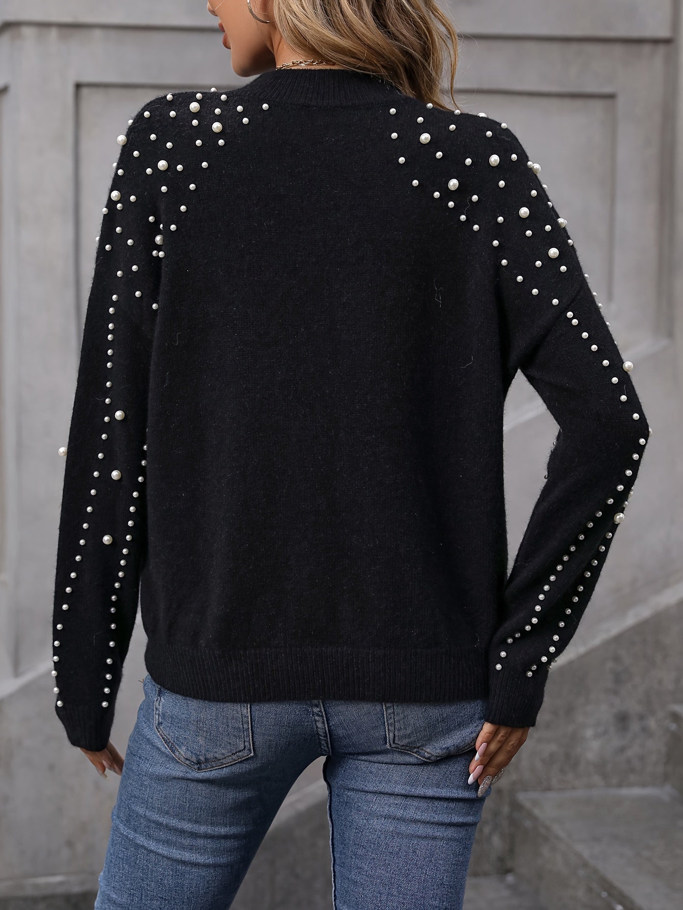 Beaded Crew Neck Pullover Sweater GD2874 Ada Fashion