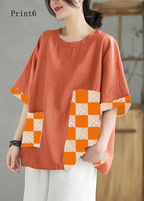 Women Orange O Neck Print Patchwork Linen T Shirt Top Summer LY5281 - fabuloryshop