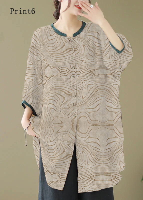 Khaki Print Linen Shirt Dresses O-Neck Oversized Lantern Sleeve LY4909 - fabuloryshop