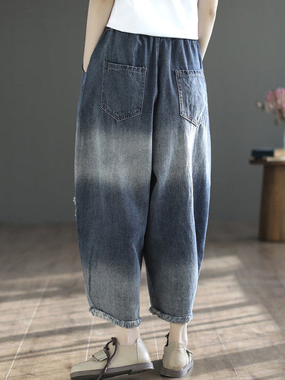 Vintage Hollow Elasticity Applique Denim Ninth Pants LY3921 - fabuloryshop