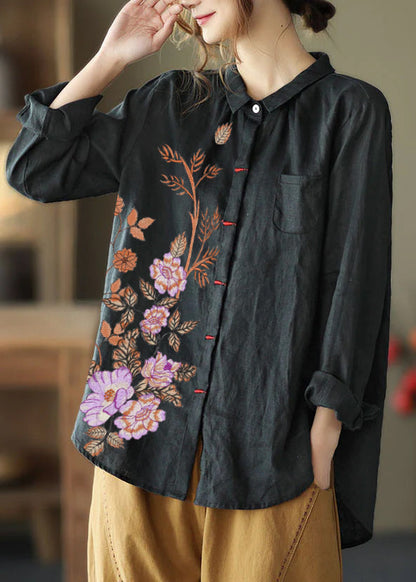 Black Patchwork Linen Shirt Peter Pan Collar Embroideried Spring LY6247 - fabuloryshop