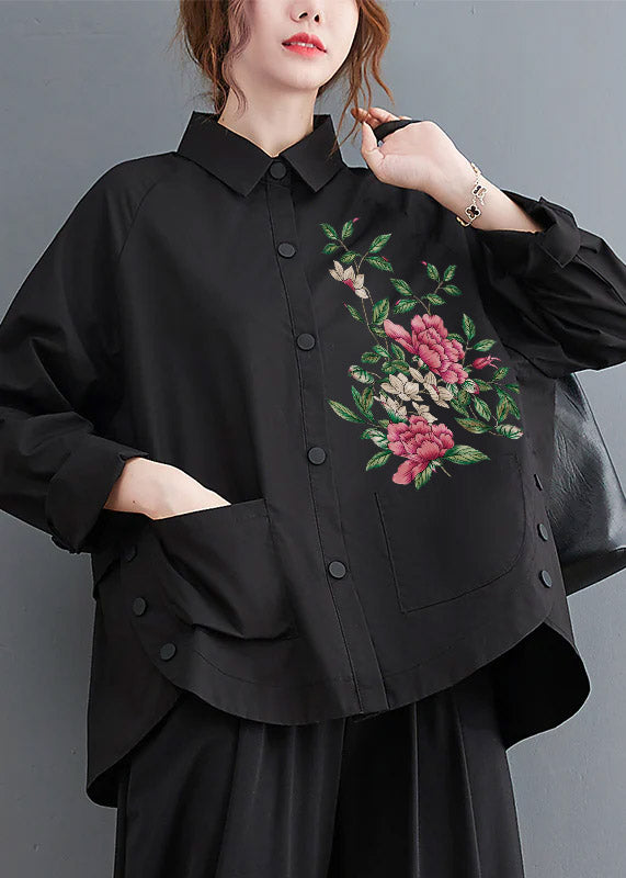 Black Patchwork Cotton Shirt Top Oversized Pockets Fall LY7343 - fabuloryshop