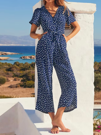 Loose V Neck Floral Vacation Jumpsuit  QB109 - fabuloryshop