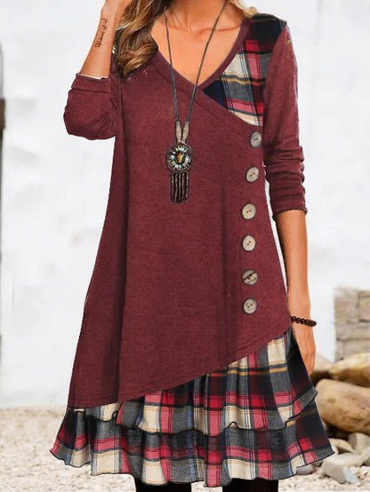 V Neck Geometric Casual Daily Long sleeve A-Line Buttoned Midi Dress  WT118 - fabuloryshop