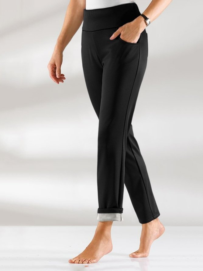 Women Fleece Warm Elastic Waist Casual Basic Black Pants  WK89 - fabuloryshop