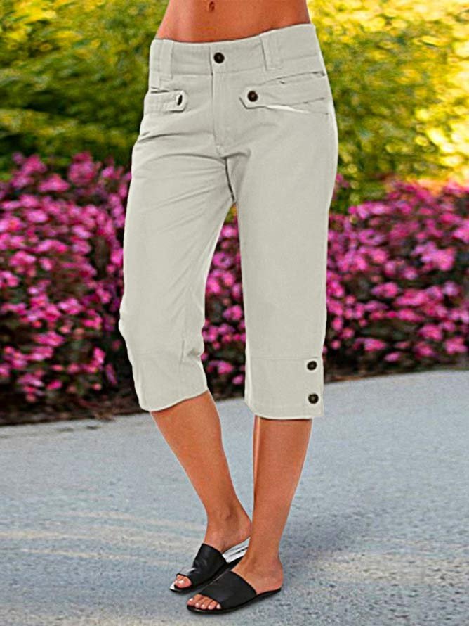 Buttoned Casual Loose Plain Button Detail Low Waist Capris Pants  QN80