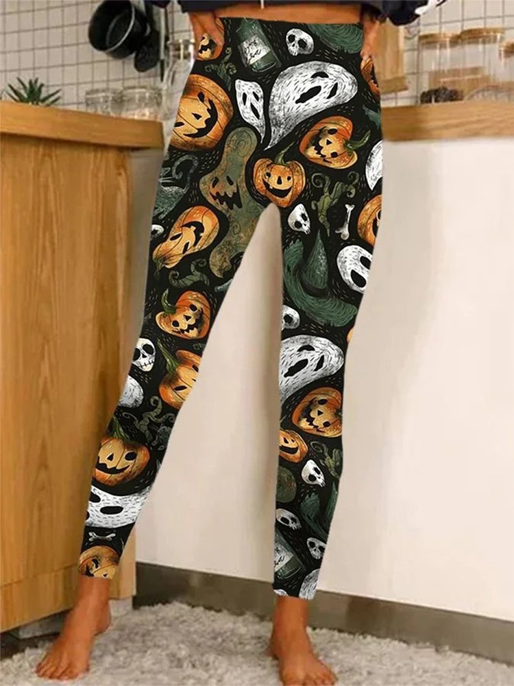Halloween Pumpkin Ghost Fun Print Leggings  QS113 - fabuloryshop