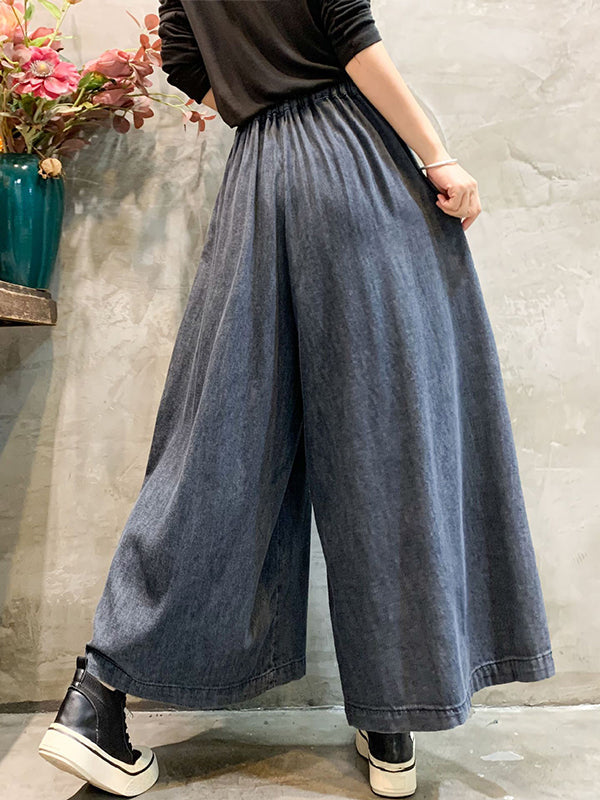 Color-Block Bandage Embroidered Wide Leg Denim Pants LY3924 - fabuloryshop