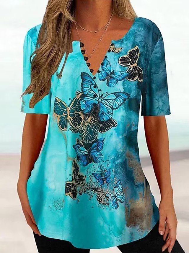 Casual V Neck Loose Butterfly Shirt  WG75