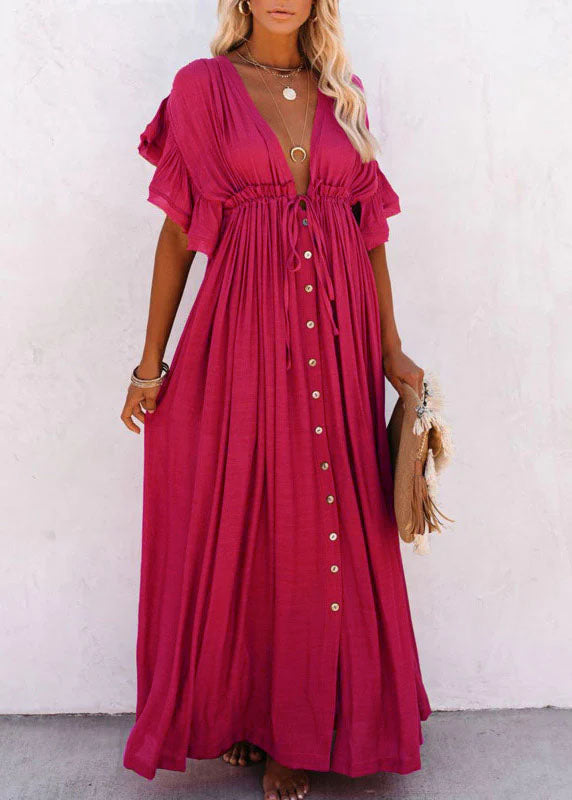 Red V Neck Button Maxi Dresses Short Sleeve LY3015 - fabuloryshop