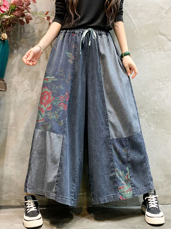 Color-Block Bandage Embroidered Wide Leg Denim Pants LY3924 - fabuloryshop